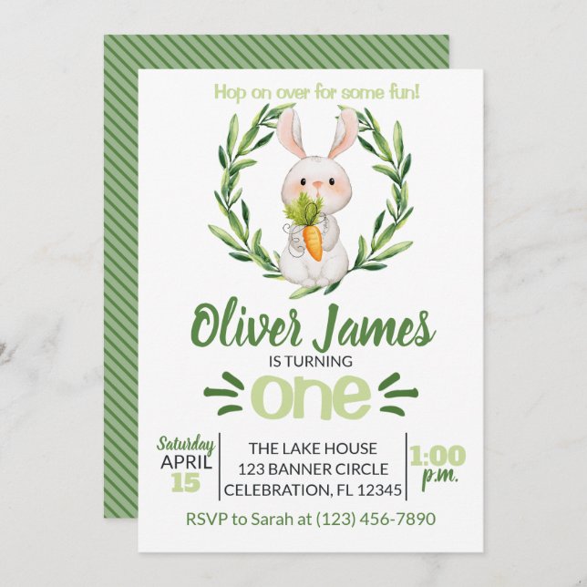 Boy Green First Birthday Easter Watercolor Bunny Invitation (Front/Back)