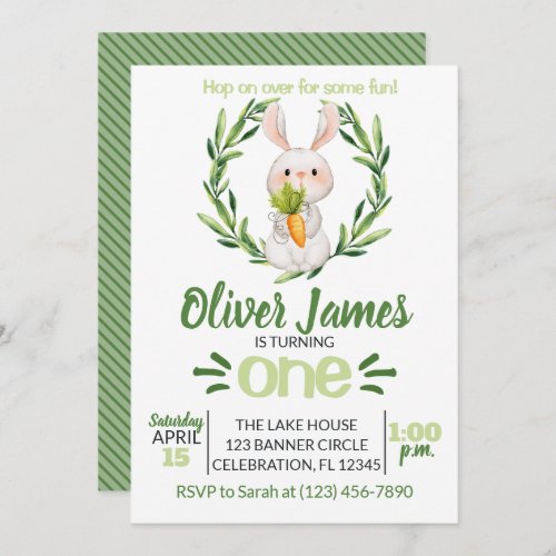 Boy Green First Birthday Easter Watercolor Bunny Invitation