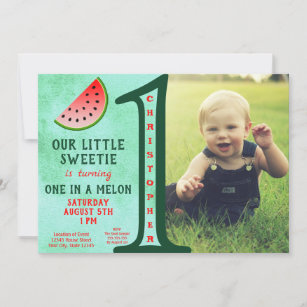 Boy Green One In A Melon 1st Birthday Photo Invitation