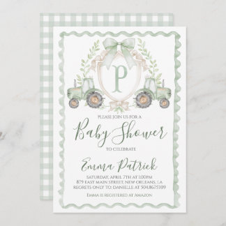 Boy Green Tractor Baby Shower Preppy Sage Green Invitation