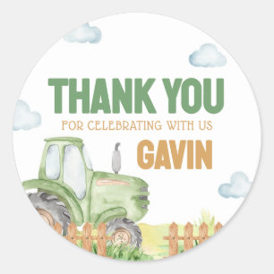 Boy Green Tractor Birthday Party  Classic Round Sticker
