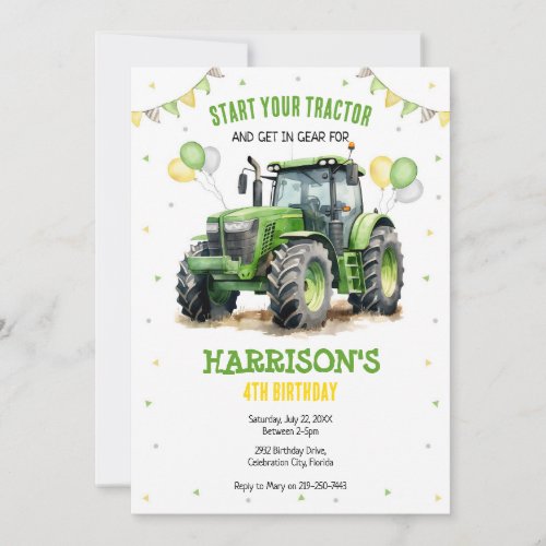 Boy Green Tractor Farm Birthday Party Invitation
