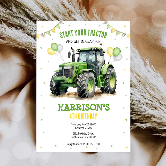 Boy Green Tractor Farm Birthday Party Invitation | Zazzle