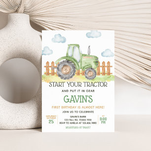 Boy Green Tractor Farm Birthday Party Invitation