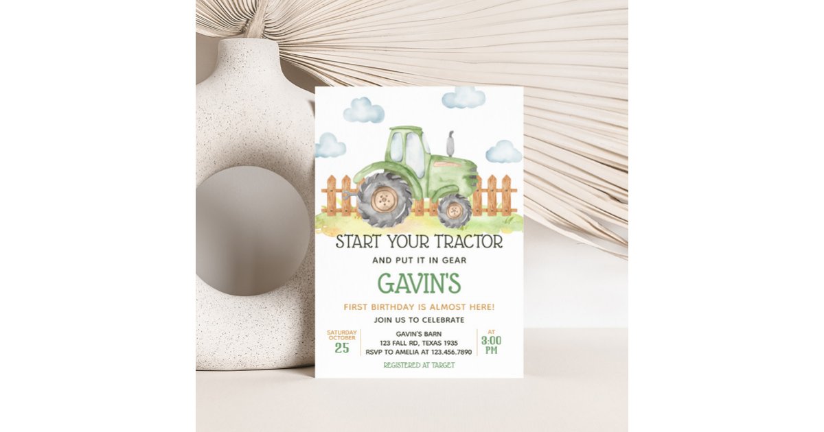 Boy Green Tractor Farm Birthday Party Invitation | Zazzle