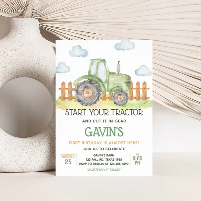 Boy Green Tractor Farm Birthday Party Invitation | Zazzle
