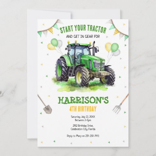 Boy Green Tractor Farm Birthday Party Invitation