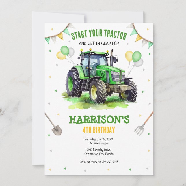 Boy Green Tractor Farm Birthday Party Invitation (Front)