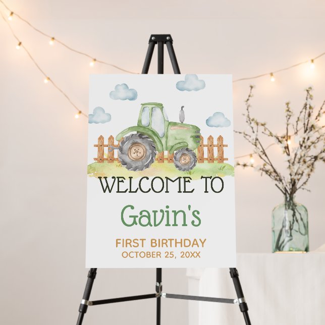Boy Green Tractor Farm Birthday Party Welcome Sign (In Situ (Stand))