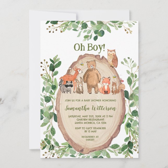  Boy Greenery Forest Animals Baby Shower  Invitation (Front)