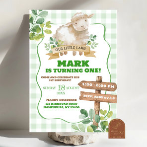 Boy Greenery Lamb First Birthday Invitation
