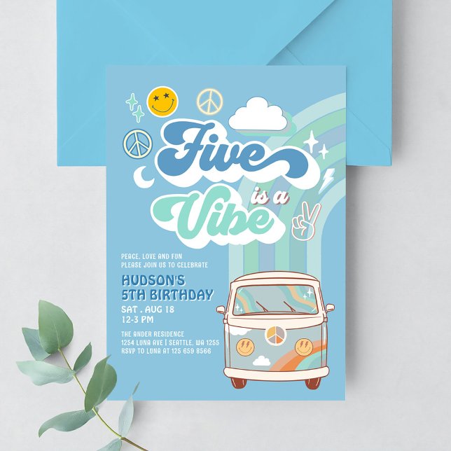 Boy Groovy Van Rainbow Five is A Vibe 5th Birthday Invitation (Creator Uploaded)