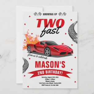 Boy Growing Up Two Fast Race Car 2nd Birthday Invitation