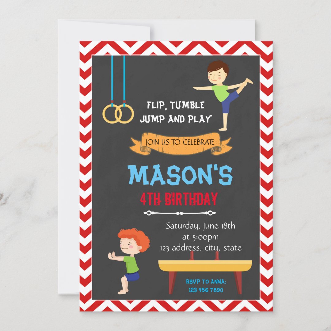 Boy gymnastic birthday invitation | Zazzle