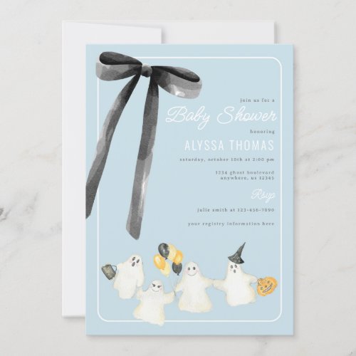 Boy Halloween Ghost and Black Bow Baby Shower Invitation