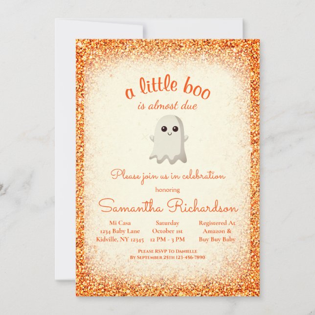 Boy Halloween Ghost Little Boo Baby Shower Orange Invitation (Front)