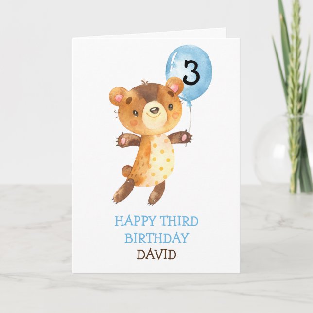 Boy Happy Birthday Cute Bear Balloon Kids Custom Card (Front)