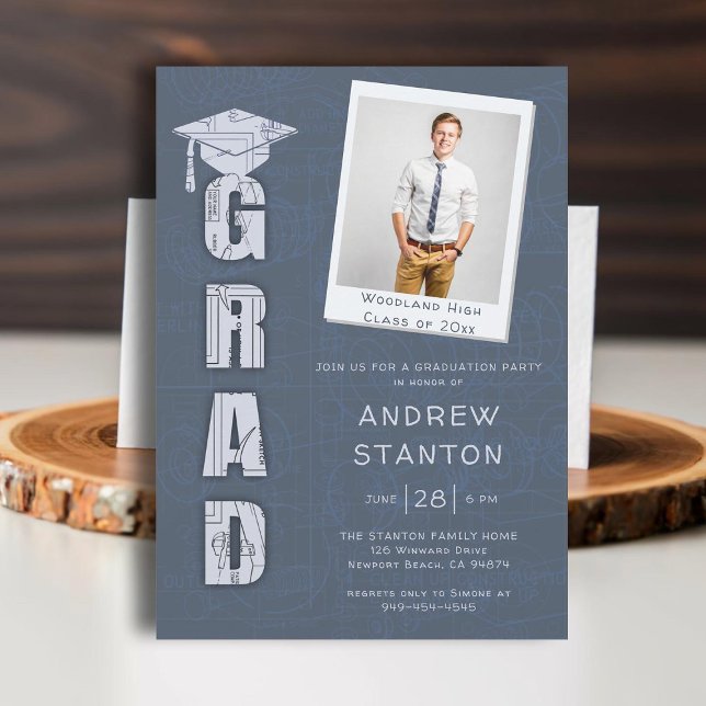Boy High School Graduation Science Tech Gray Photo Invitation (high school graduation boys ceremony party invitation tech technical science scientist engineer gray)