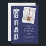 Boy High School Graduation Science Tech Navy Photo Invitation<br><div class="desc">A background of engineering drafting designs, with the same engineer drafting paper effect over the bold letters spelling the word GRAD, decorate this modern, elegant and classy boy high school graduation party or celebration photo invitation for a boy who loves technology, engineering and all things geeky. Customize every line of...</div>