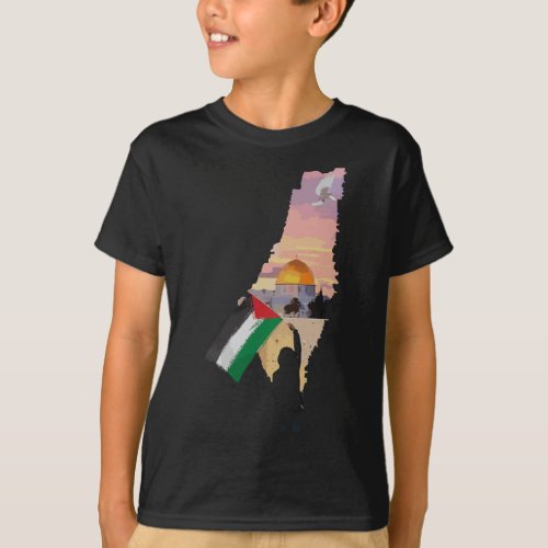 Boy Hold Palestine Flag In Palestinians Map Baba M T_Shirt
