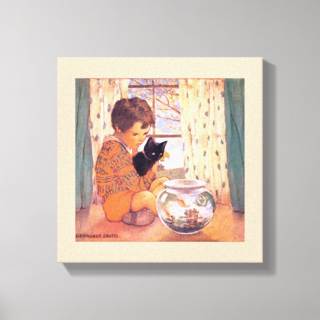 Boy holding a Black cat, Jessie Willcox Smith Canvas Print (Front)