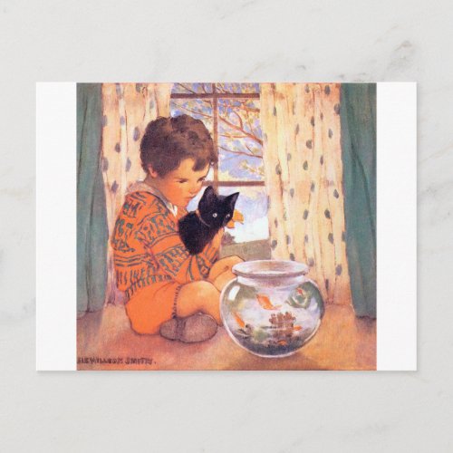 Boy holding a Black cat Jessie Willcox Smith Postcard