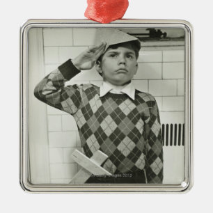 Boy Holding a Wooden Sword Metal Ornament