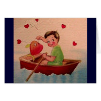Boy Holding Heart in Boat Greeting Card