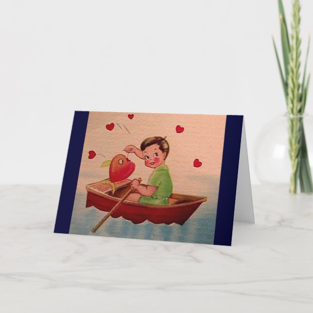 Boy Holding Heart in Boat Holiday Card (Front)