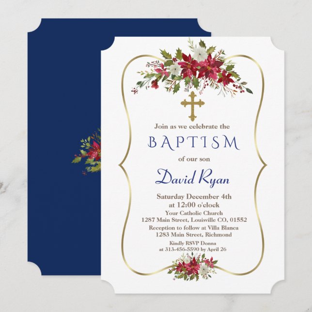 Boy Holiday Christmas Red White Poinsettia Baptism Invitation (Front/Back)