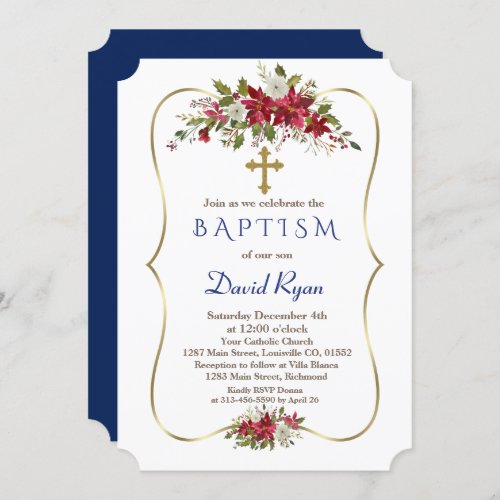 Boy Holiday Christmas Red White Poinsettia Baptism Invitation