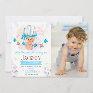Boy Hot Air Balloon 1st Birthday Photo Invitation