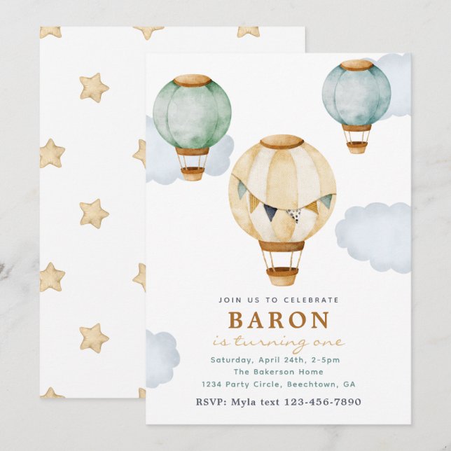 Boy Hot Air Balloon Birthday Invitations (Front/Back)