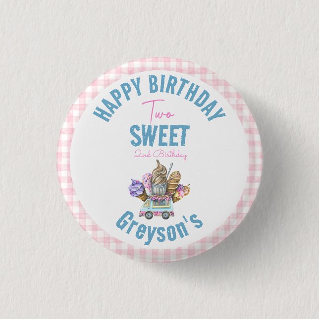 Boy Ice Cream Truck Two Sweet 2nd Birthday Party Button (Front)