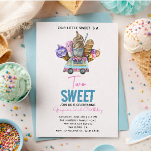 Boy Ice Cream Truck Two Sweet 2nd Birthday Party Invitation
