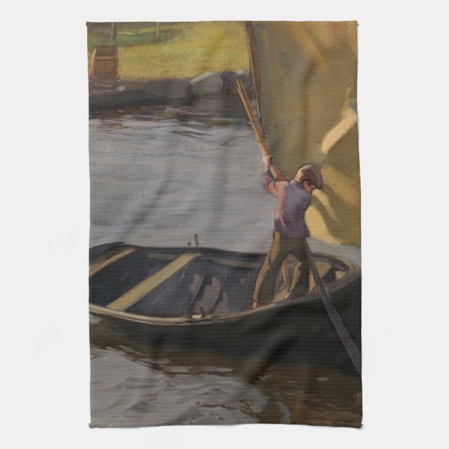 Boy in a Sailboat on the River (by Magnus Enckell) Kitchen Towel (Vertical)