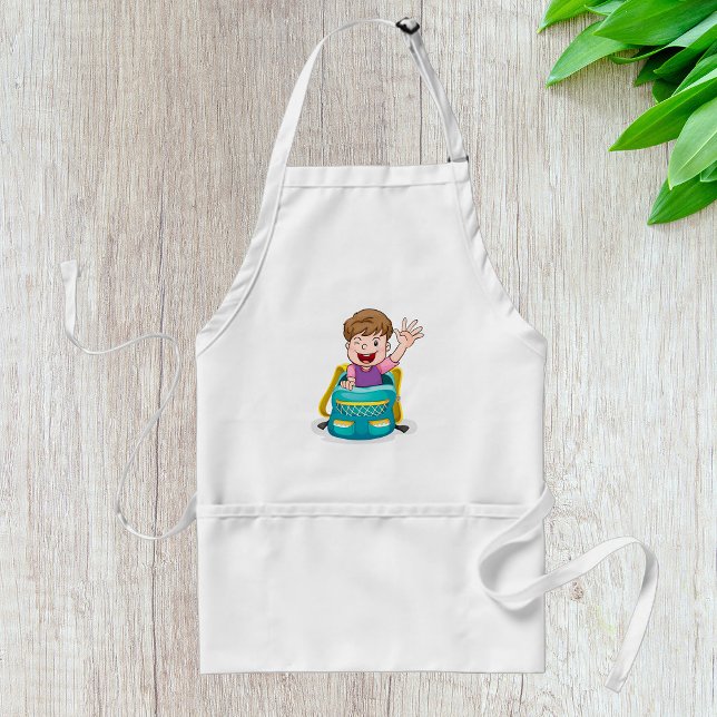Boy in Backpack Waving Fun School Kid Adult Apron (Creator Uploaded)