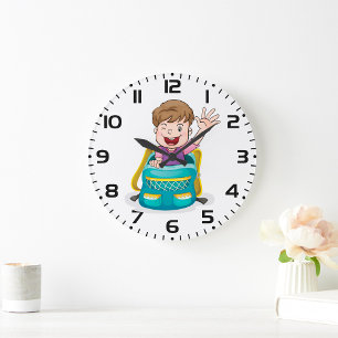 Boy in Backpack Waving Fun School Kid Large Clock