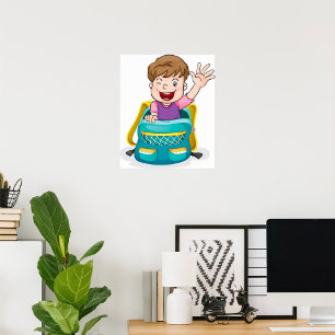 Boy in Backpack Waving Fun School Kid Poster