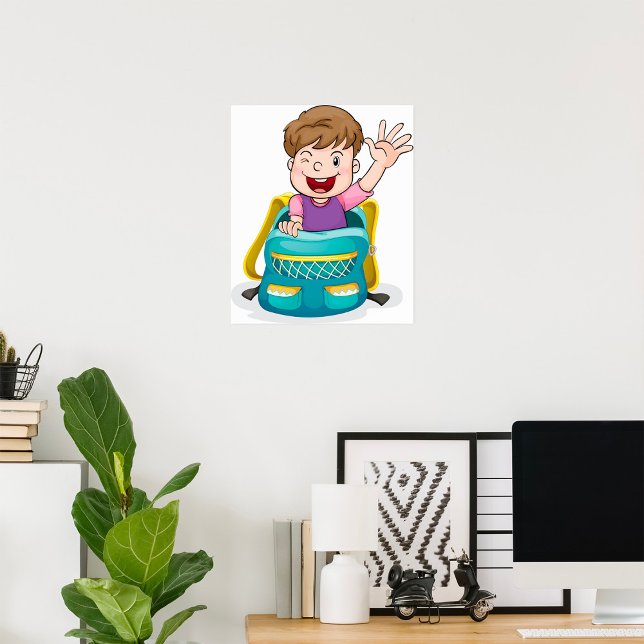 Boy in Backpack Waving Fun School Kid Poster (Creator Uploaded)