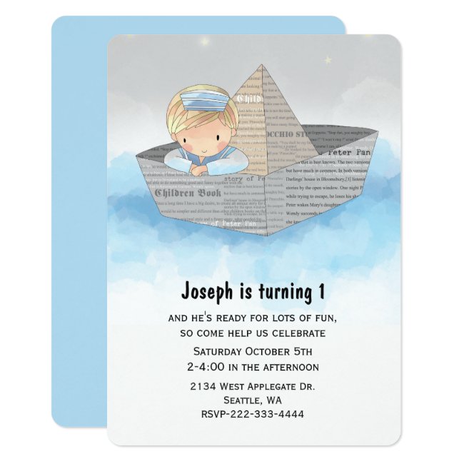 Boy in Boat Babys First Birthday Invitation
