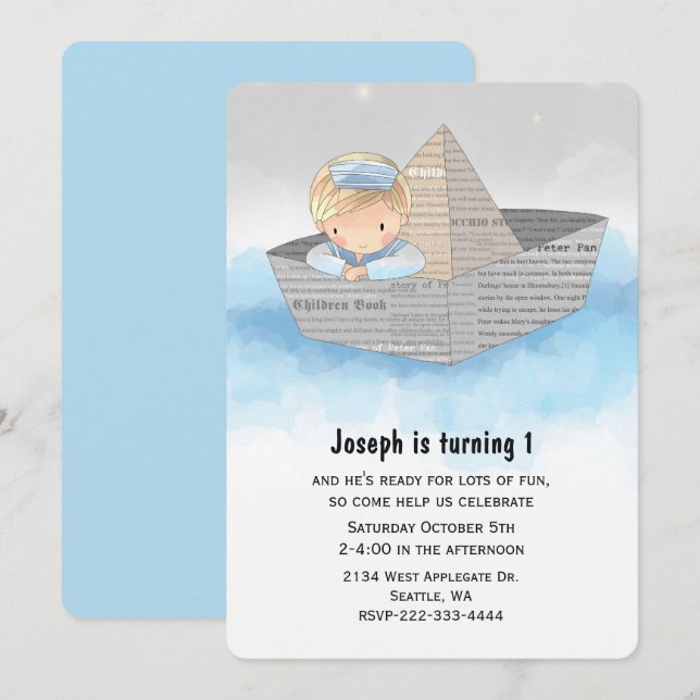 Boy in Boat Babys First Birthday Invitation (Front/Back)