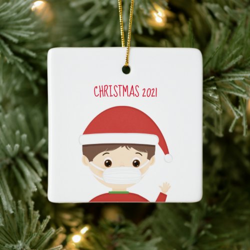 Boy in Face Mask Christmas 2021 Ceramic Ornament