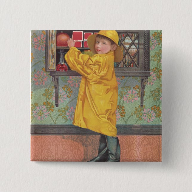 Boy in Raincoat Button (Front)