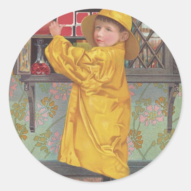 Boy in Raincoat Classic Round Sticker (Front)