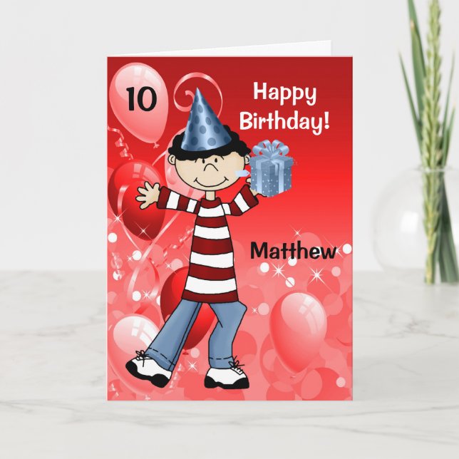 Boy in Red and Blue with Age Birthday Card (Front)