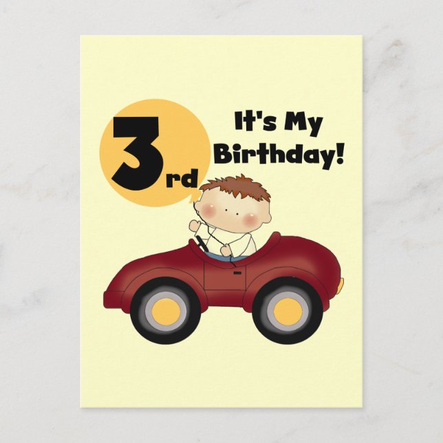 Boy in Red Car 3rd Birthday T-shirts and Gifts Postcard (Front)