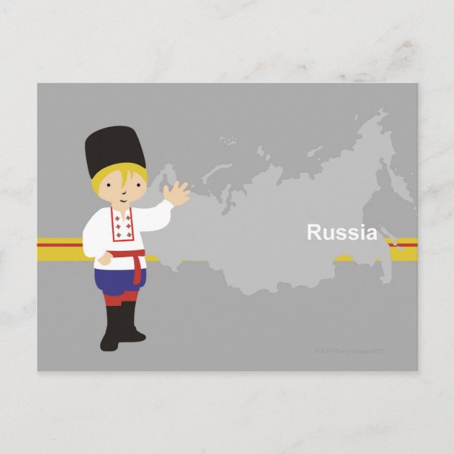 Boy in traditional Russian clothing in front of Postcard (Front)