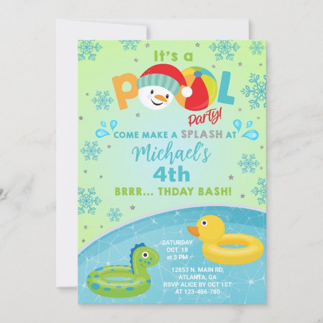 Boy indoor winter pool party birthday invitation. invitation (Front)