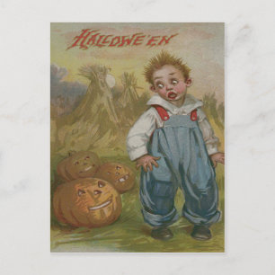 Boy Jack O Lantern Pumpkin Haystack Full Moon Postcard